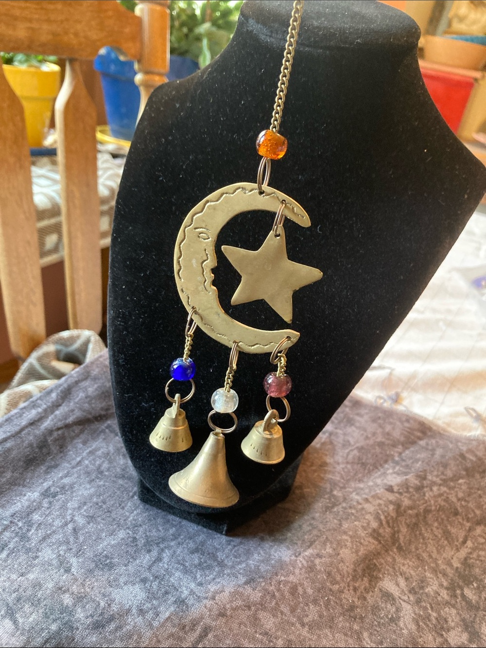 Brass Moon & Star Wind Chimes with Multicolor Beads